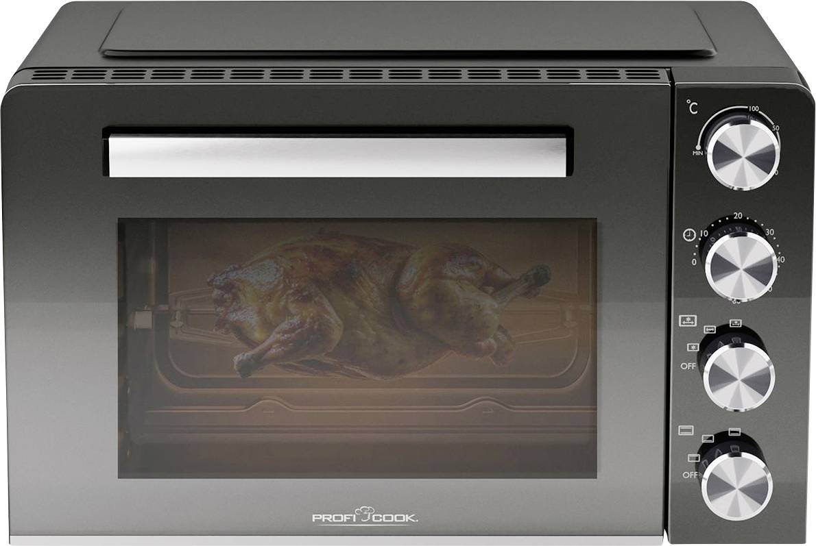 Four noir de table avec poulet en cours de cuisson. À droite, quatre boutons rotatifs pour contrôler la température et le temps.
