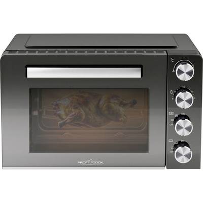Four noir de table avec poulet en cours de cuisson. À droite, quatre boutons rotatifs pour contrôler la température et le temps.