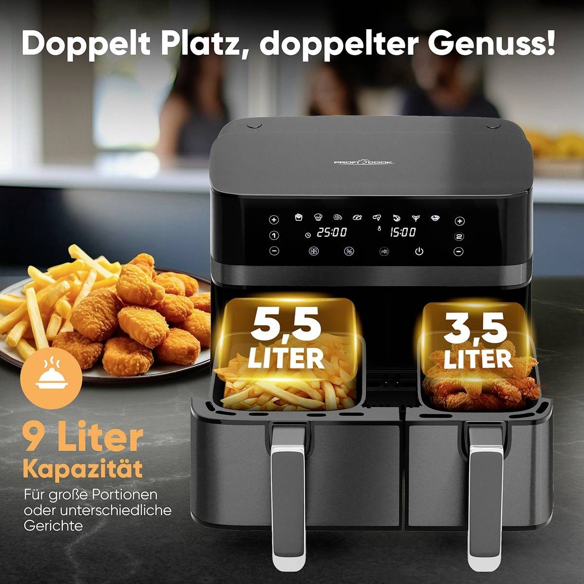 Une friteuse à deux compartiments, l'un d'une capacité de 5,5 litres et l'autre de 3,5 litres, adaptée à différents types de plats.