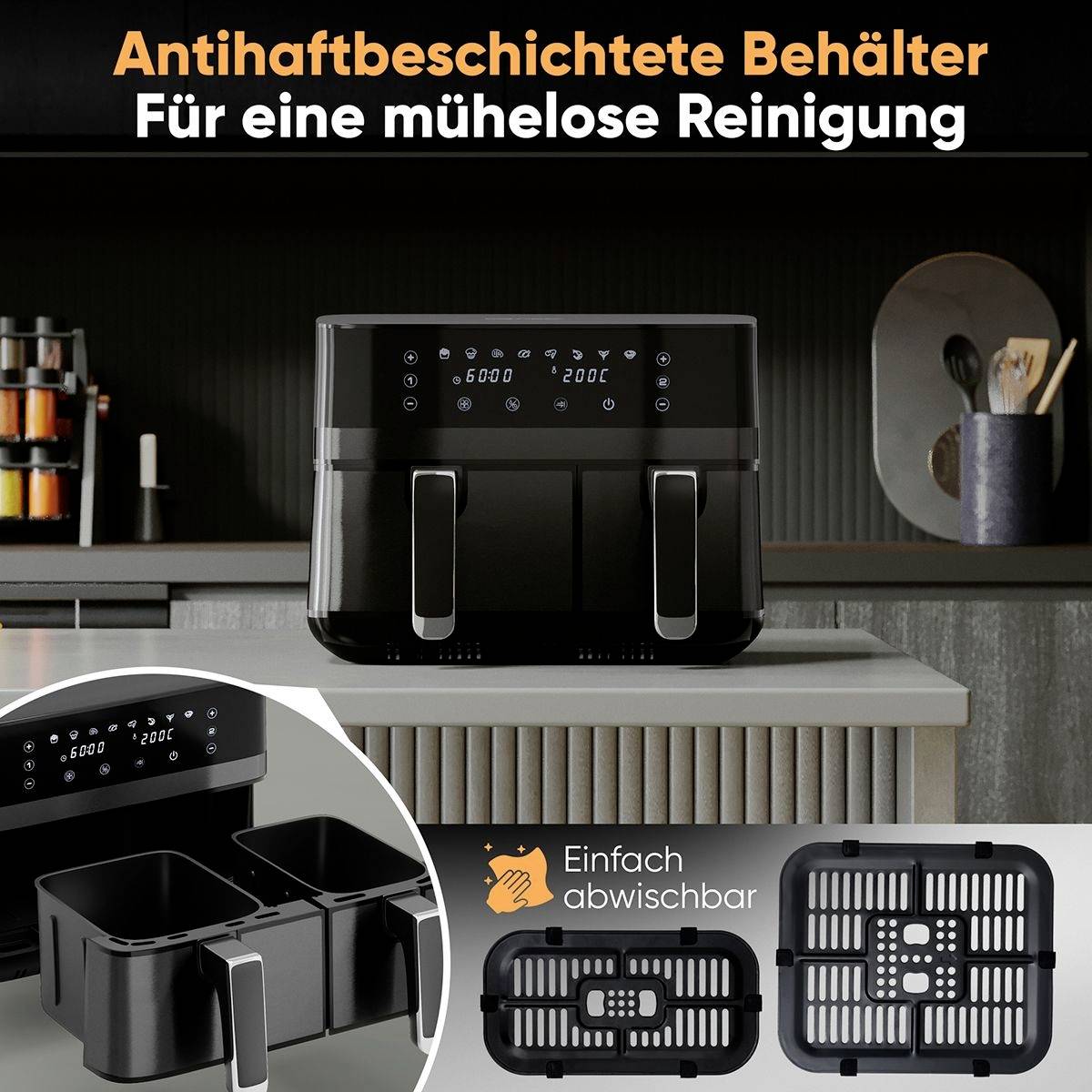 Récipients antiadhésifs pour un nettoyage sans effort. Friteuse noire à deux compartiments avec affichage digital, paniers amovibles et accessoires pour un nettoyage facile.