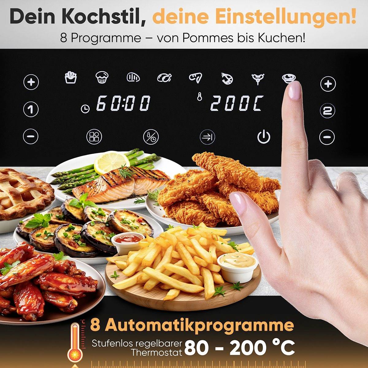 Friteuse à air chaud multifonction avec écran tactile, réglages de temps et de température. Prépare des plats comme des frites et du poulet.