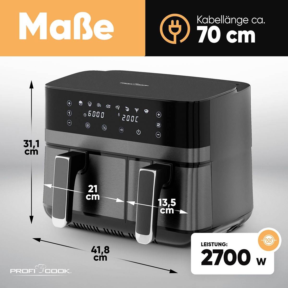 Dimensions : Largeur 41,8 cm, hauteur 31,1 cm, profondeur 21 cm, longueur de câble 70 cm, puissance 2700 W. Un appareil de cuisine noir avec affichage numérique.