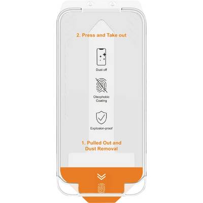 Illustration d'un emballage de film de protection pour smartphones avec les instructions : « 1. Retirer et enlever la poussière » et « 2. Presser et retirer ».