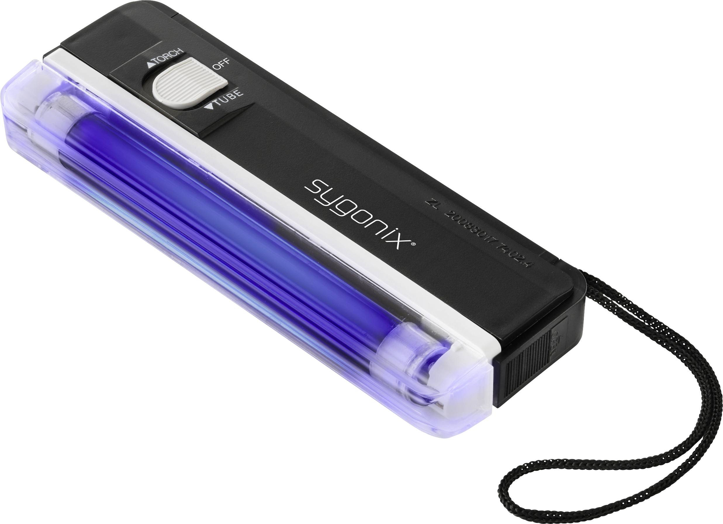 « Dispositif portable de lumière UV avec un boîtier noir, un panneau transparent bleu et une sangle. Nom de marque « Sygonix » imprimé sur le côté. »