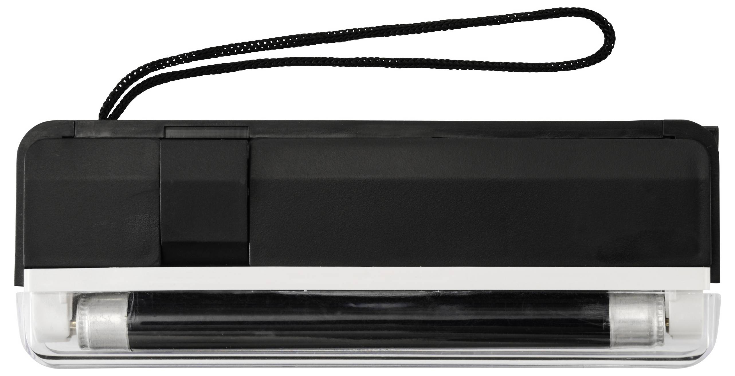 Un scanner portable de détection UV noir et blanc, équipé d'une bandoulière, avec une section transparente révélant l'ampoule à l'intérieur.