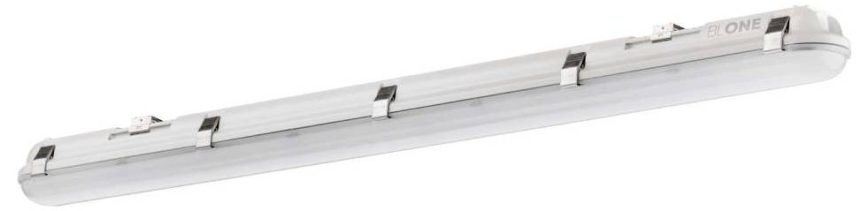 Un luminaire LED long et élégant, doté d'un boîtier robuste et de plusieurs clips sur le côté, adapté aux environnements industriels ou commerciaux.