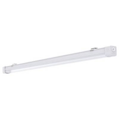 Une longue lampe LED fluorescente fine avec des embouts blancs, adaptée pour l'éclairage de bureaux ou d'ateliers.