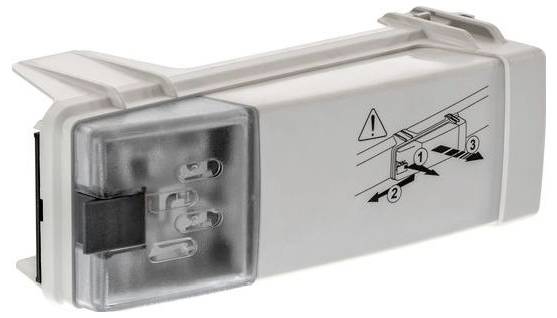 Pièce de rechange blanche d'un appareil avec un boîtier en plastique et un couvercle transparent, représentée avec un symbole d'avertissement et des flèches.