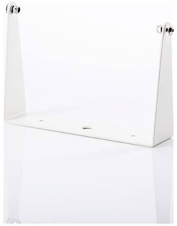 Un support en métal blanc muni de deux bras verticaux et de trous de fixation. Il est posé sur une surface réfléchissante.