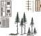 Kit de construction en plastique pour modèles d'arbres de différentes tailles, avec des composants verts et bruns et des structures détaillées.