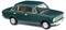 Une voiture miniature verte dans un style rétro, à quatre portes, avec des détails chromés et des sièges intérieurs bruns, est posée sur un fond gris.