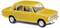 Voiture miniature jaune d'un véhicule soviétique classique Lada, représentée de profil avec des détails reconnaissables tels que les phares et les roues.