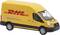 Fourgonnette DHL jaune immobilisée, avec le logo de l'entreprise. Inscription : « Excellence. Simplement Livrée. »