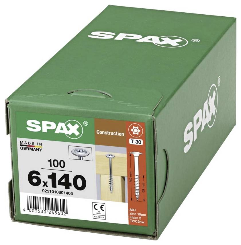 Emballage vert contenant 100 vis SPAX de taille 6x140 mm. Indications d'utilisation pour la construction bois et Fabriqué en Allemagne.
