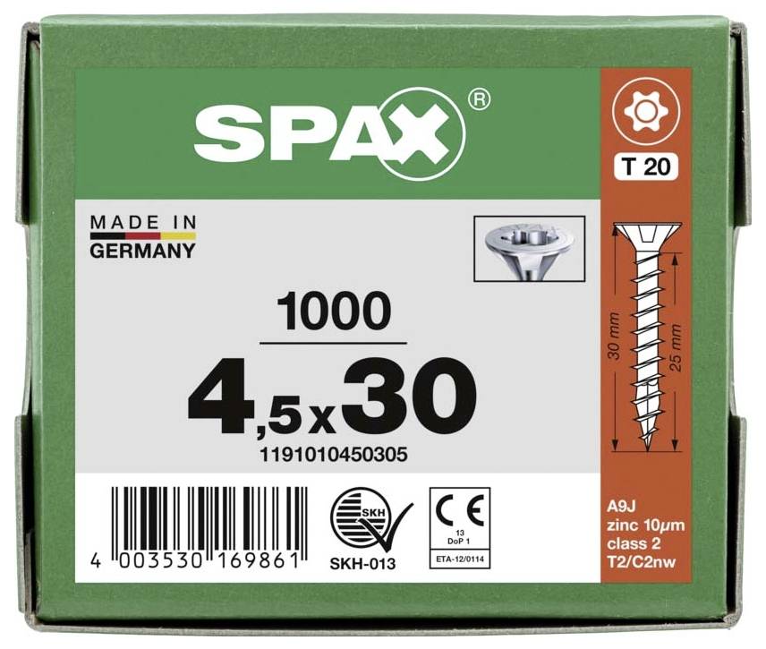Conditionnement de vis SPAX : 1000 pièces, taille 4,5 x 30 mm, tête T 20, zinguées, Fabriquées en Allemagne. L'illustration montre la vis et ses dimensions.