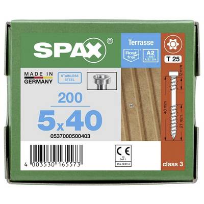 Boîte de vis SPAX pour terrasse. Dimensions : 5x40 mm. Acier inoxydable, antirouille. Adaptée pour la classe 3. Contient 200 pièces.