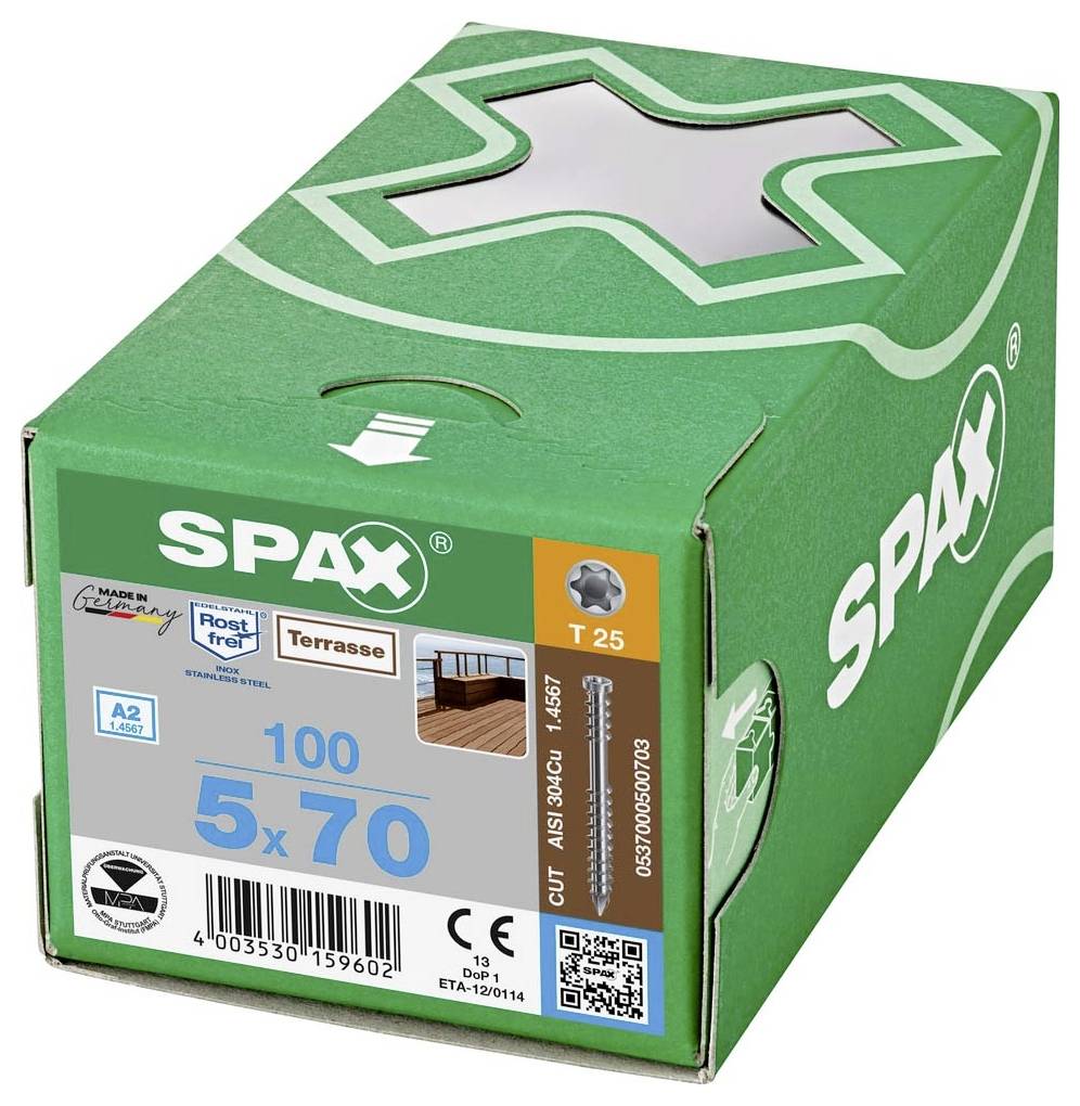 Emballage de vis SPAX vertes avec indication '5 x 70' et '100' pièces. Adaptées aux terrasses en matériau inoxydable, entraînement T25.