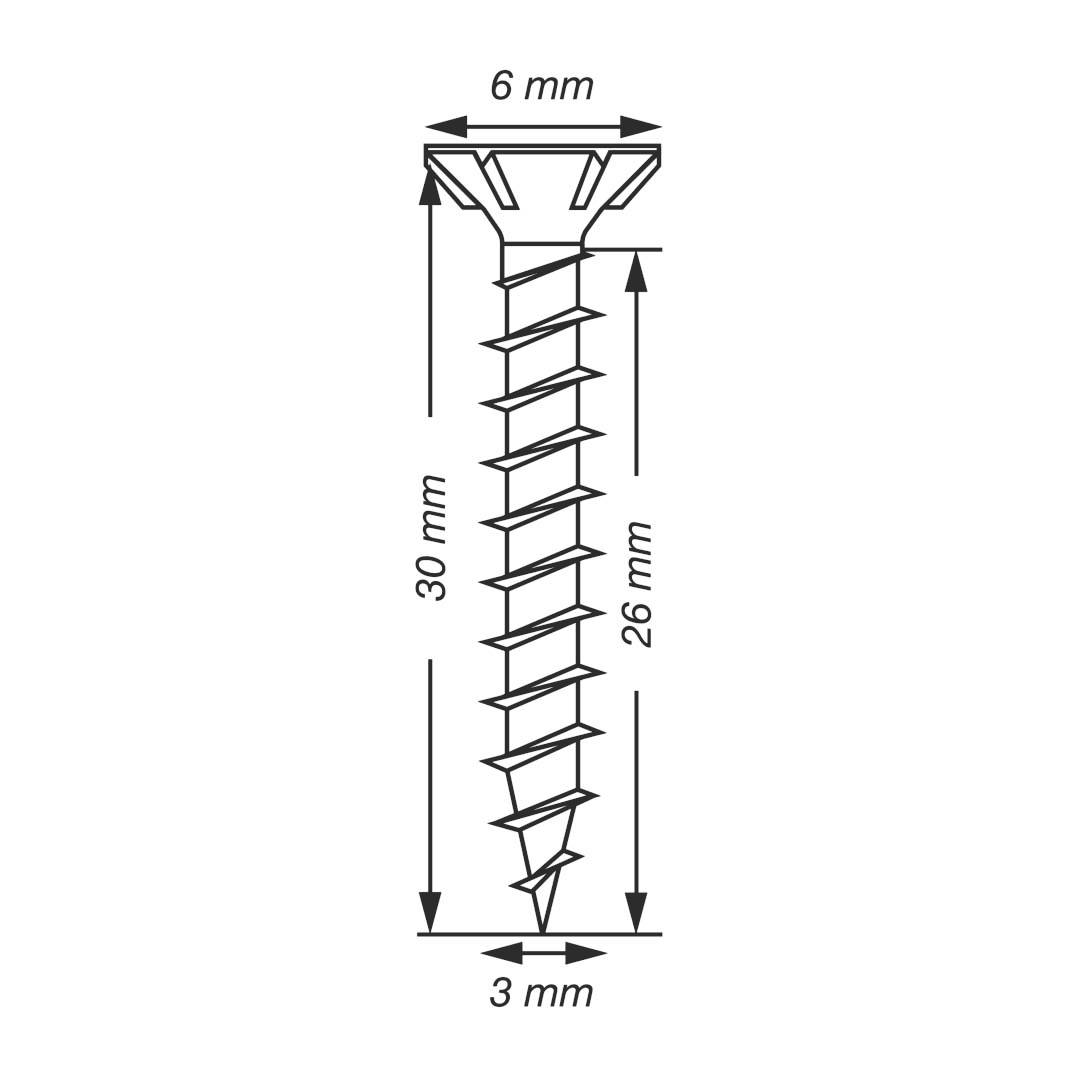 Figure d'une vis à tête fraisée avec dimensions : largeur de tête 6 mm, longueur totale 30 mm, longueur de filetage 26 mm, diamètre 3 mm.