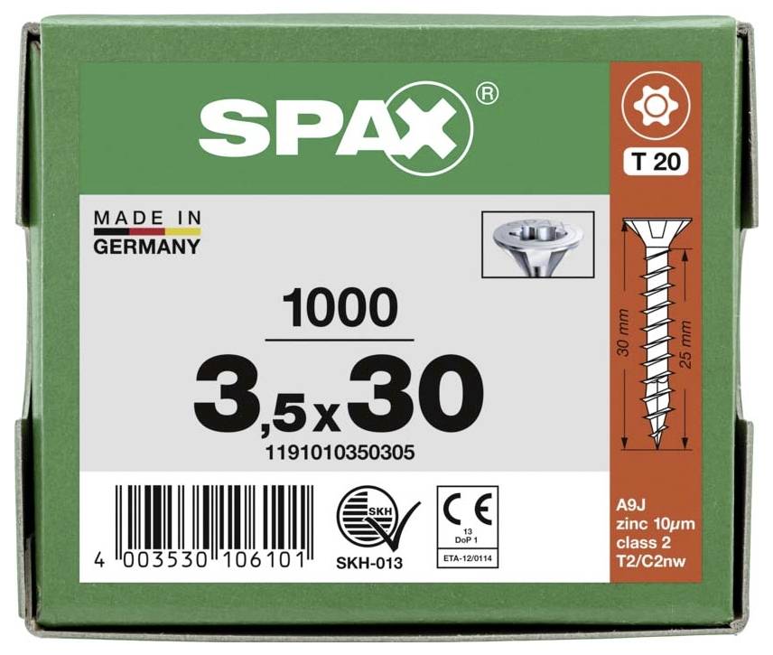 'Vis SPAX, lot de 1000 pièces, dimension 3,5 x 30 mm, entraînement T20, Fabriqué en Allemagne, revêtement zinc, référence article : 1191010350305.'