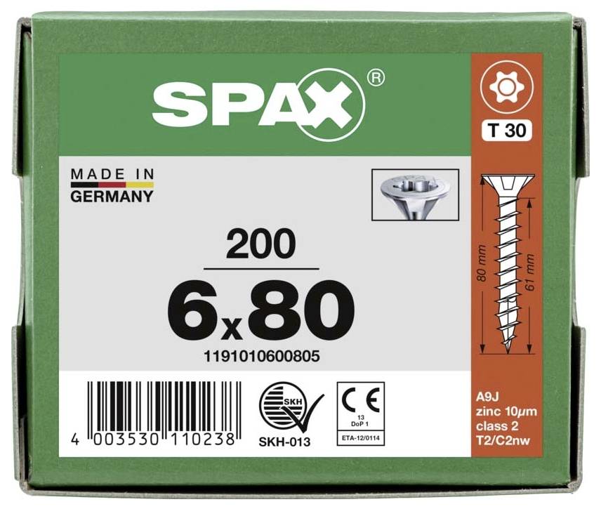 'SPAX Packaging de vis, Fabriqué en Allemagne, 200 pièces, Taille 6x80mm, T30, Revêtement zinc, Agrément technique ETA : SKH-013, Code-barres en bas.'