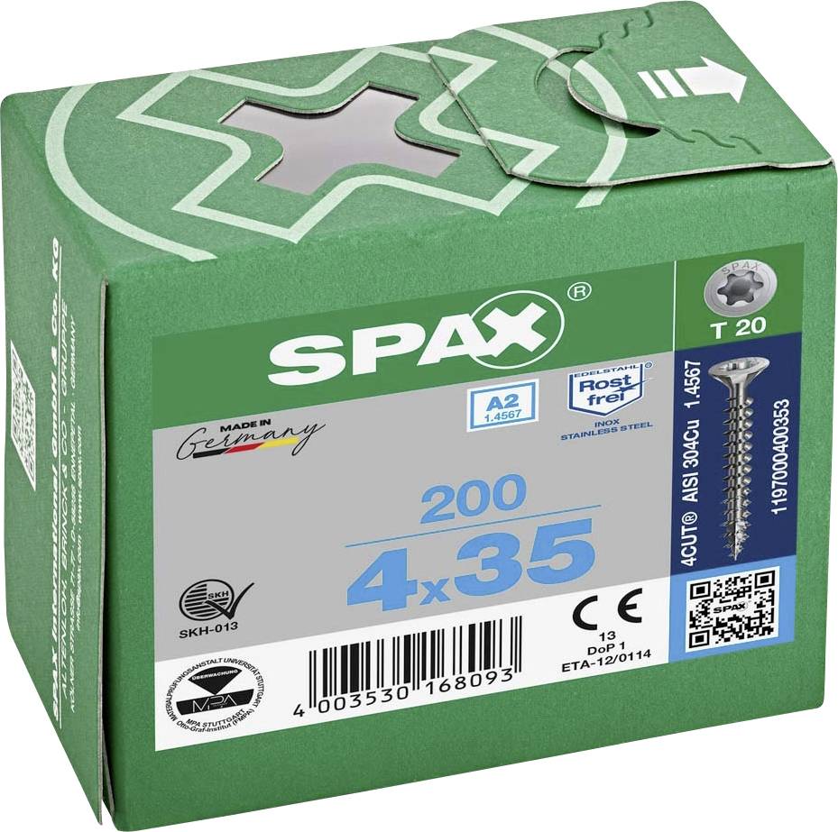 Un emballage vert portant la marque Spax, contenant 200 vis de 4x35 mm, adaptées à l'acier inoxydable, fabriquées en Allemagne.