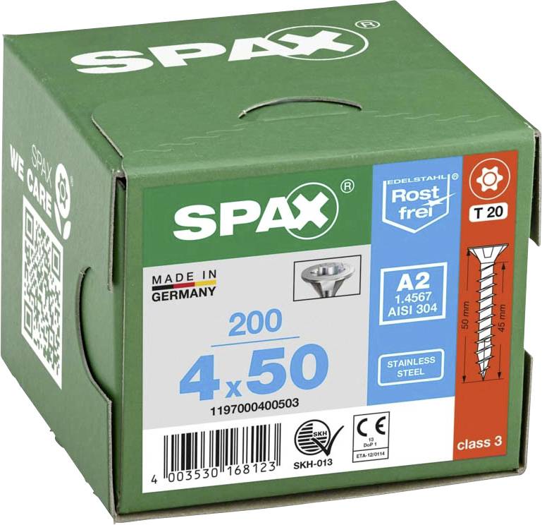 Emballage vert avec des vis SPAX, 200 pièces, taille 4x50 mm, fabriqué en Allemagne. Acier inoxydable, antirouille, classe 3.