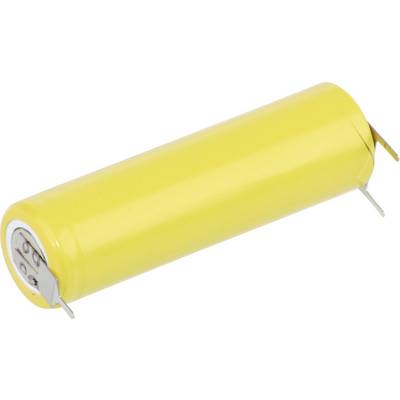 Une pile cylindrique jaune avec des connecteurs métalliques à chaque extrémité, généralement utilisée pour les appareils électroniques.