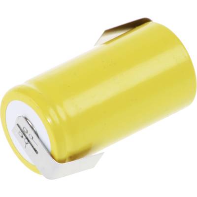 Une batterie cylindrique jaune avec des connecteurs métalliques plats à chaque extrémité pour un montage sur carte de circuit imprimé.