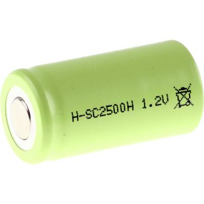Une pile rechargeable AA verte étiquetée 'H-SC2500H 1,2V' avec un symbole indiquant de ne pas la jeter dans les ordures ménagères.