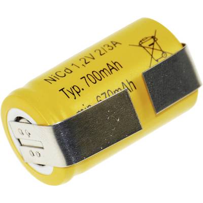 Une batterie cylindrique jaune NiCd, étiquetée « 1,2V 2/3A », avec des connecteurs métalliques et une capacité de 700 mAh.