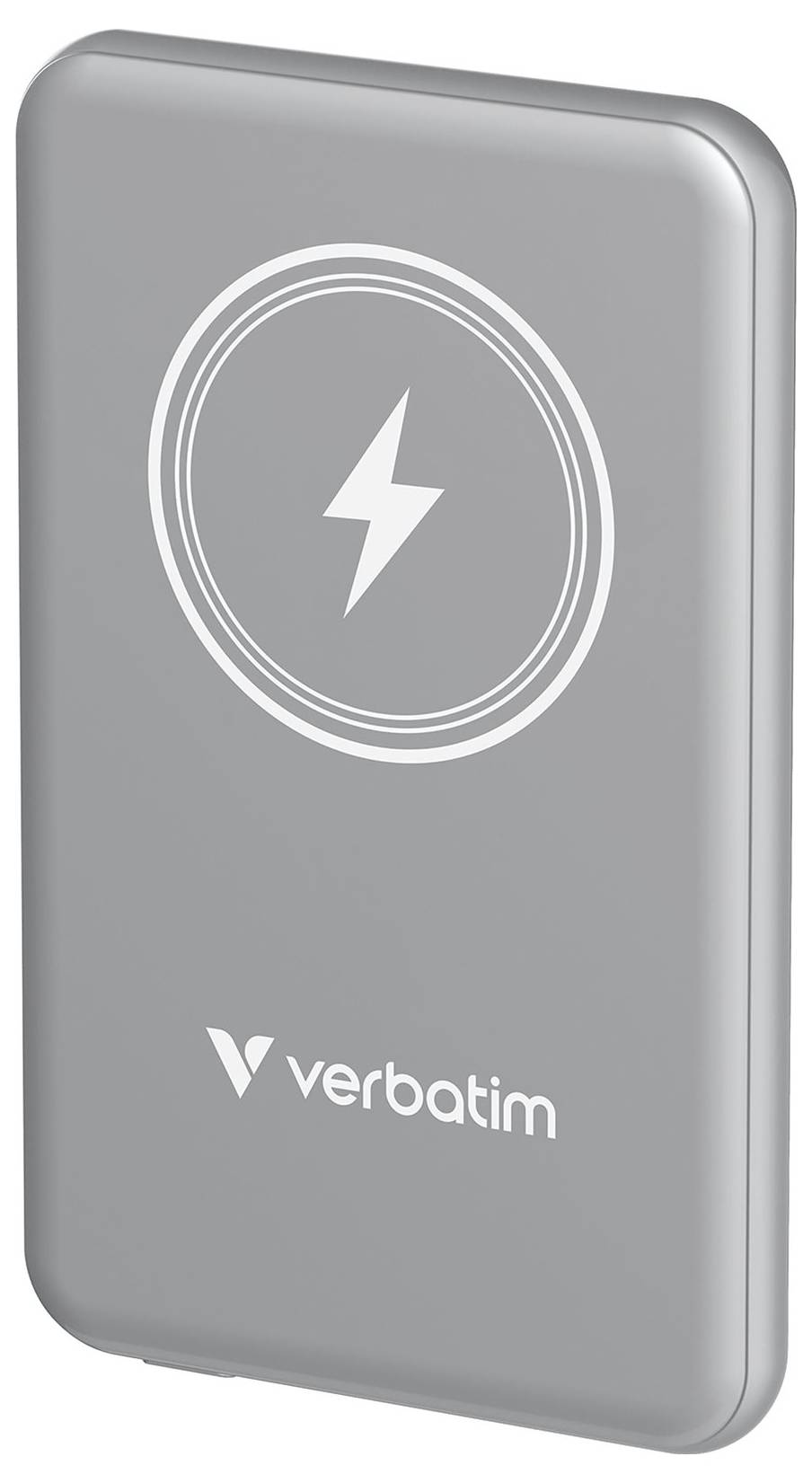Batterie externe grise avec symbole de foudre et le mot 'Verbatim', adaptée pour le chargement sans fil d'appareils électroniques.
