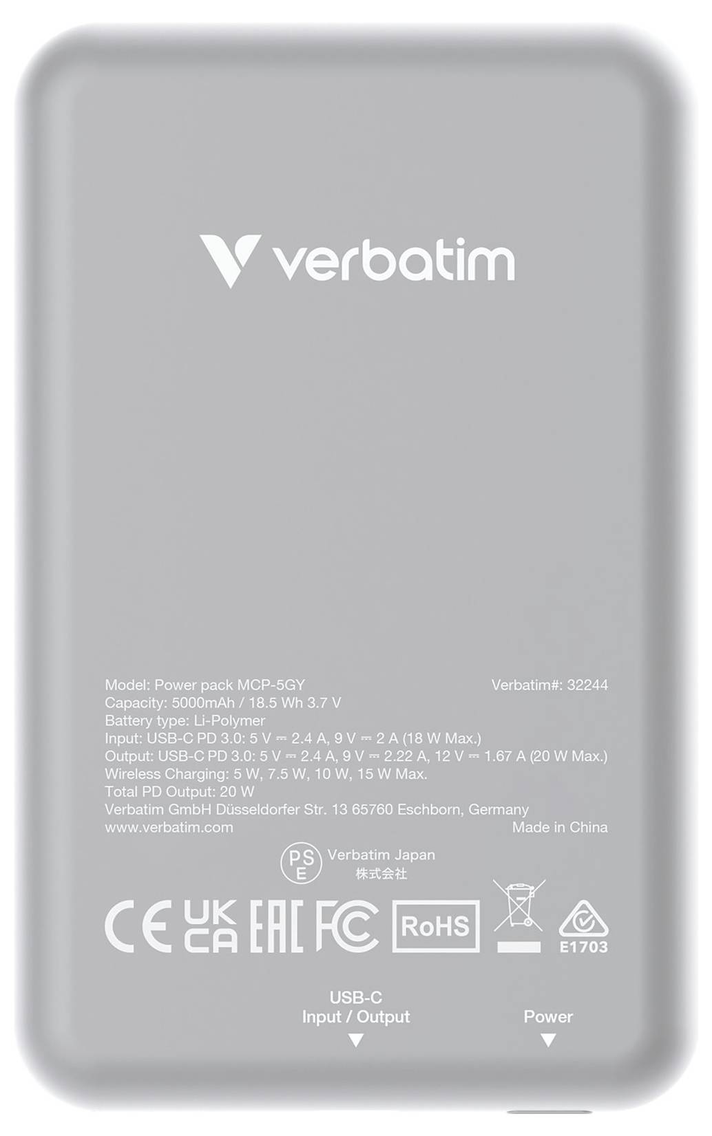 Batterie externe 'Verbatim Power Pack' 5000mAh. Modèle : MCP-SGY. Détails concernant les puissances d'entrée et de sortie et certifications au verso.