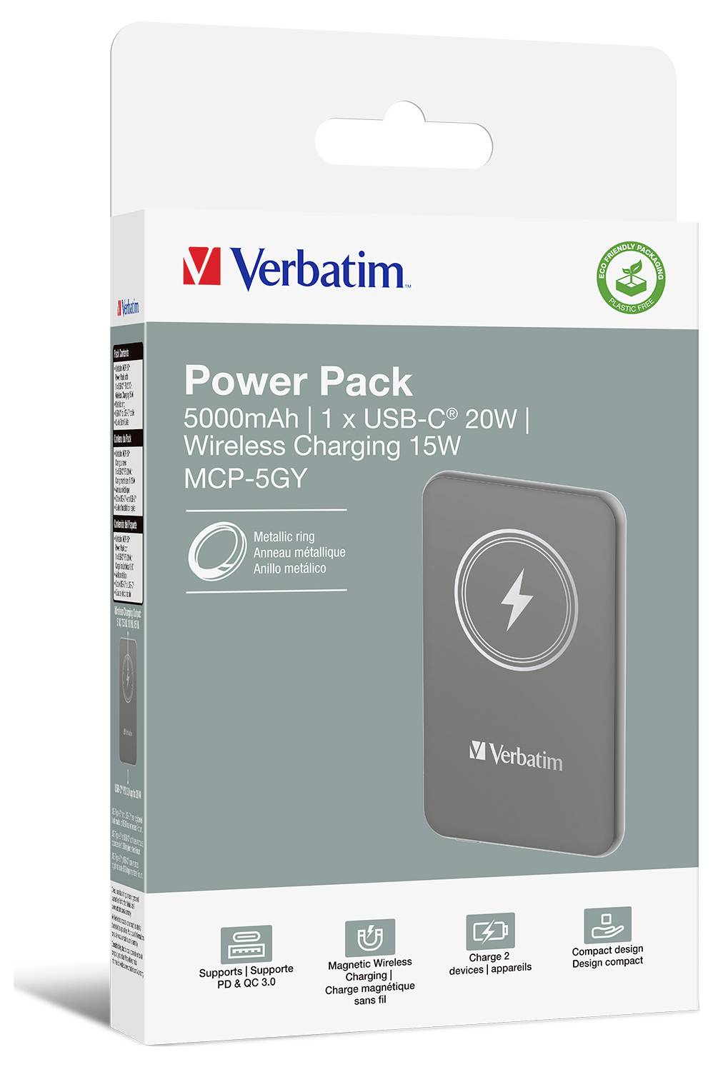 Emballage d'une batterie externe Verbatim de 5000mAh, USB-C 20W, charge sans fil 15W, couleur grise avec anneau en métal.