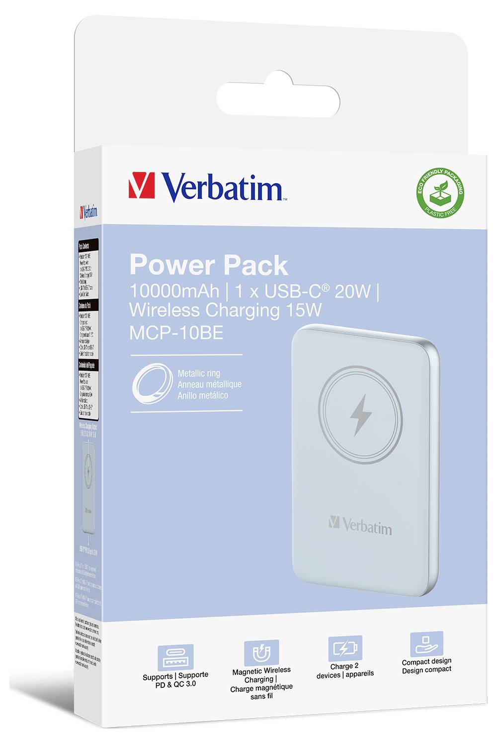 Powerbank Verbatim de 10000mAh, USB-C 20W, et charge sans fil 15W. L'emballage présente le produit et des symboles d'énergie verte.