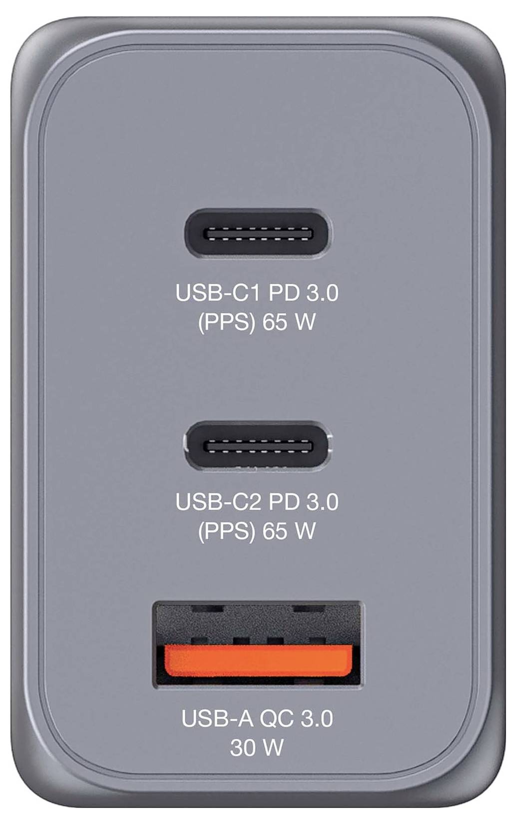 Un chargeur doté de deux ports USB-C et d'un port USB-A. Les ports USB-C prennent en charge la norme PD 3.0 (PPS) avec 65 W, et le port USB-A prend en charge la norme QC 3.0 avec 30 W.
