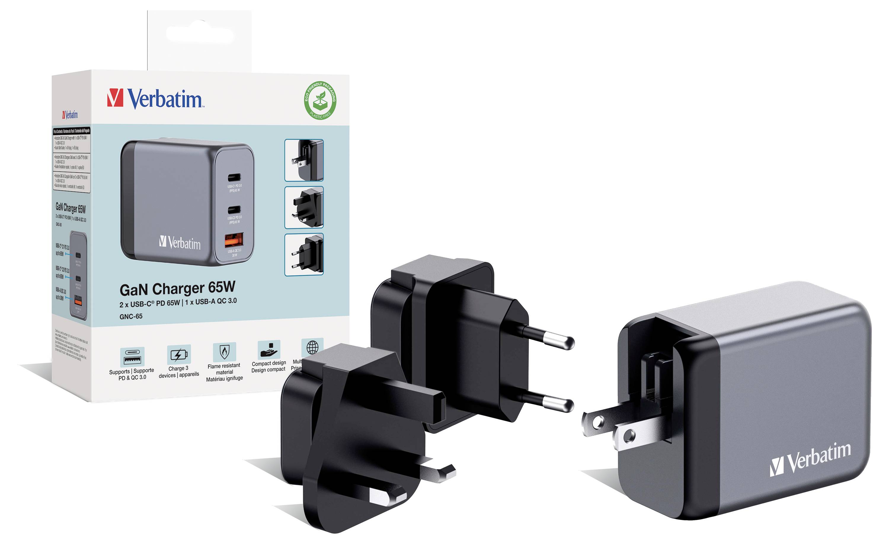 Chargeur GaN Verbatim 65W avec emballage et adaptateurs multiprises. Conçu pour un chargement rapide et efficace.