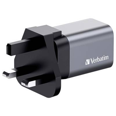 Un bloc d'alimentation noir avec trois fiches rectangulaires et le logo 'Verbatim', adapté aux prises électriques britanniques.
