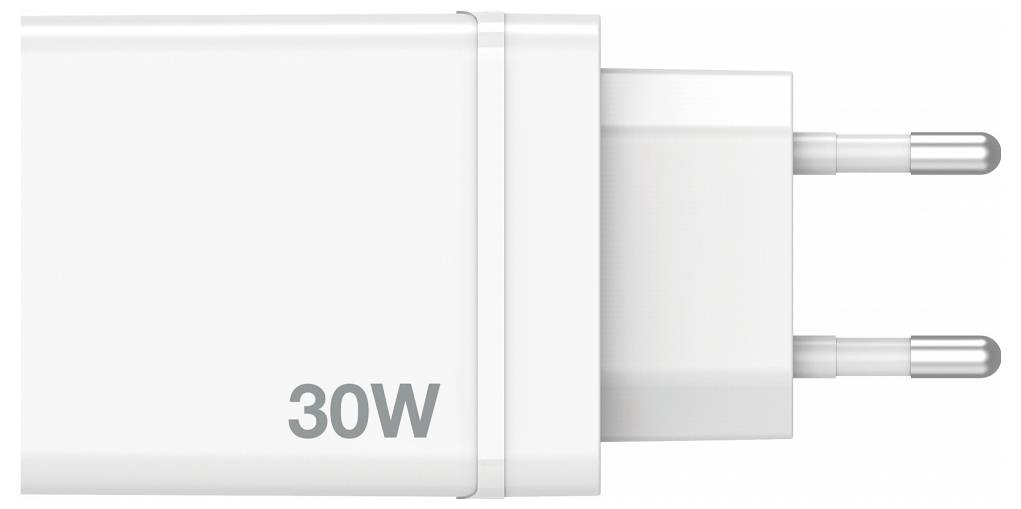 Adaptateur secteur blanc de 30 watts avec fiche européenne, adapté pour charger rapidement les appareils.