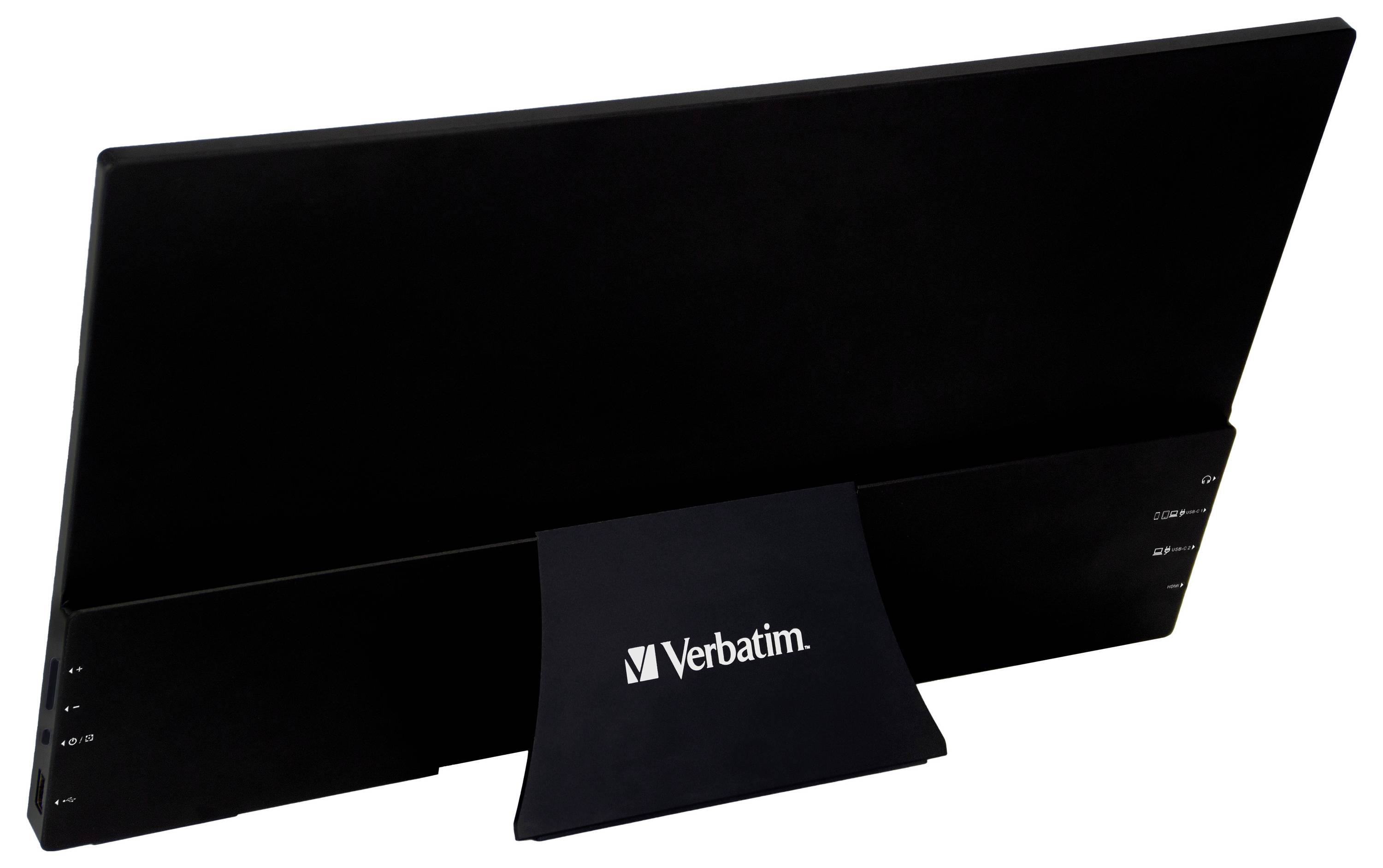 Moniteur ou écran Verbatim noir avec support. La couleur principale est le noir. L'appareil pourrait être utilisé comme écran d'ordinateur ou téléviseur.