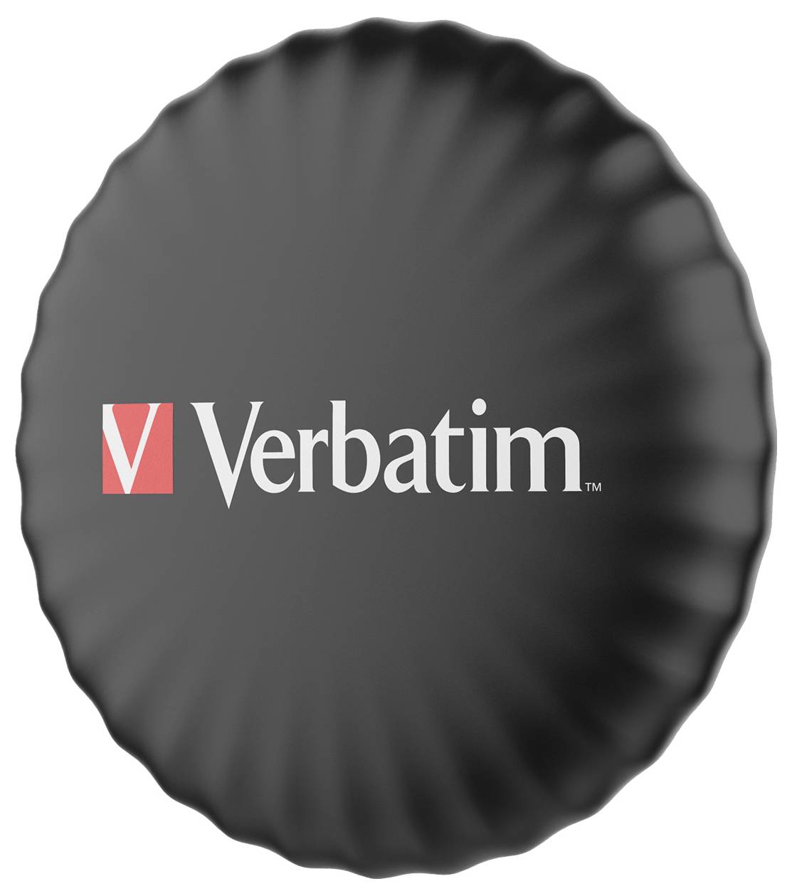 Disque noir et rond portant le logo rouge et blanc de 'Verbatim' en son centre.