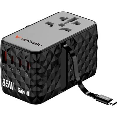 Adaptateur de charge compact GaN-III de 85 W de Verbatim avec plusieurs ports USB et câble intégré.