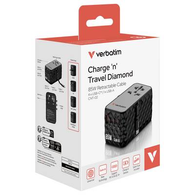 Emballage d'un chargeur de voyage Verbatim 'Charge 'n' Travel Diamond' de 85W, avec 4 ports USB-C, 1 port USB-A et un câble rétractable.