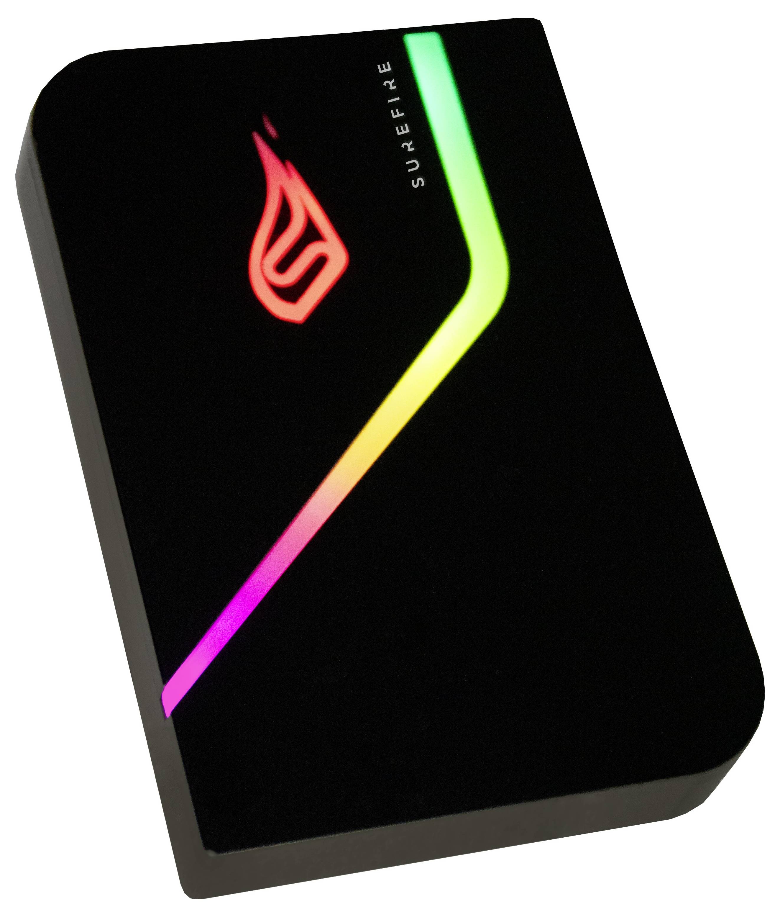 Un disque dur externe avec un boîtier noir et des bandes LED lumineuses aux couleurs arc-en-ciel, formant des formes distinctives.