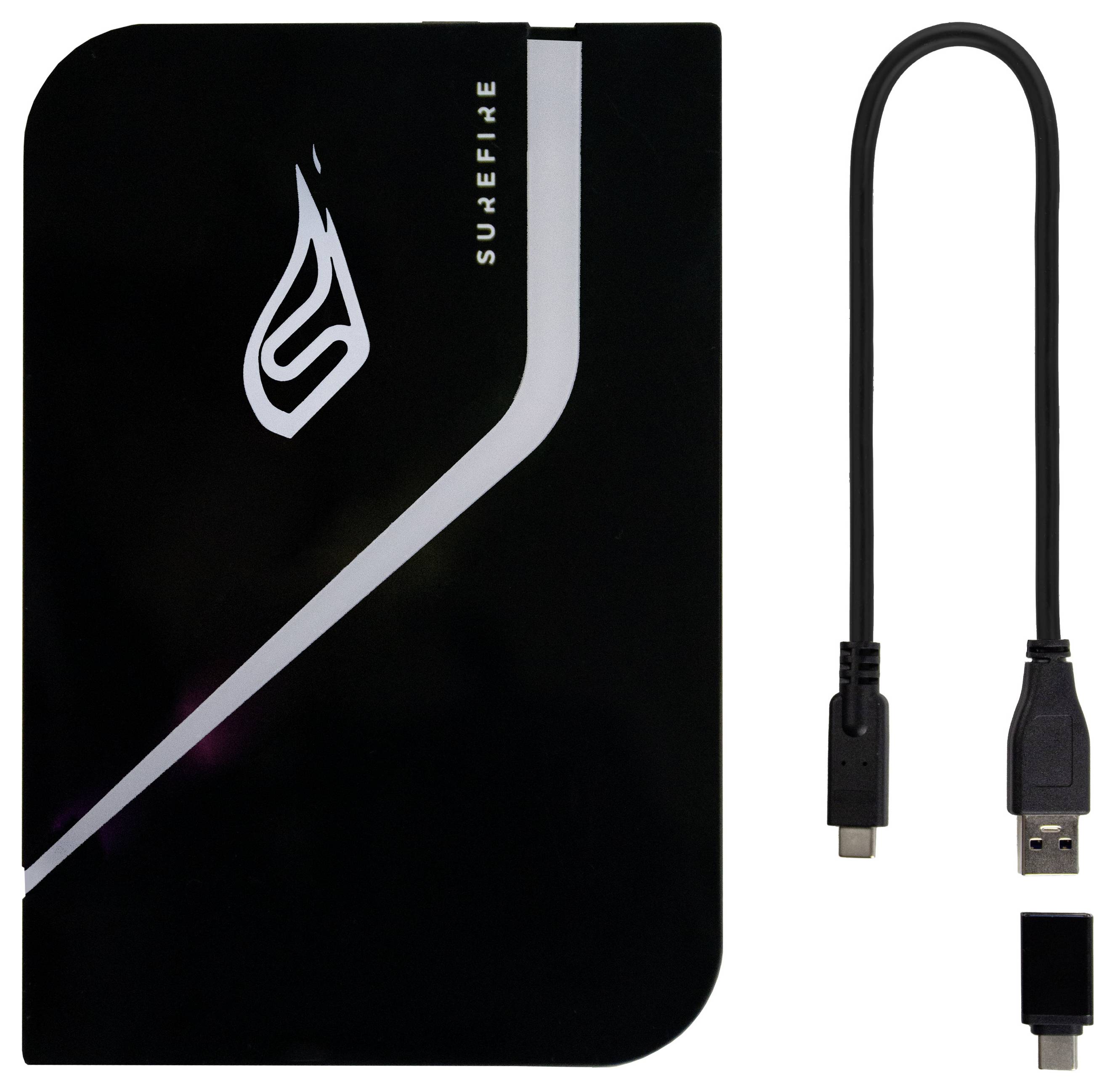 Disque dur externe et câble USB. Le disque dur affiche le logo 'SureFire'.