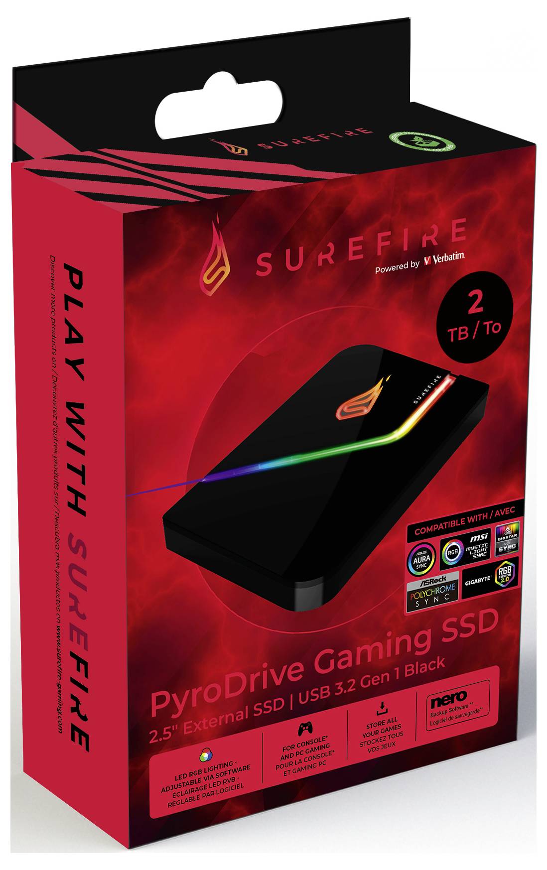 SSD PyroDrive Gaming 2 To en emballage noir avec design rouge, USB 3.2 Gen 1, compatible PC et console, illustration de l'SSD.