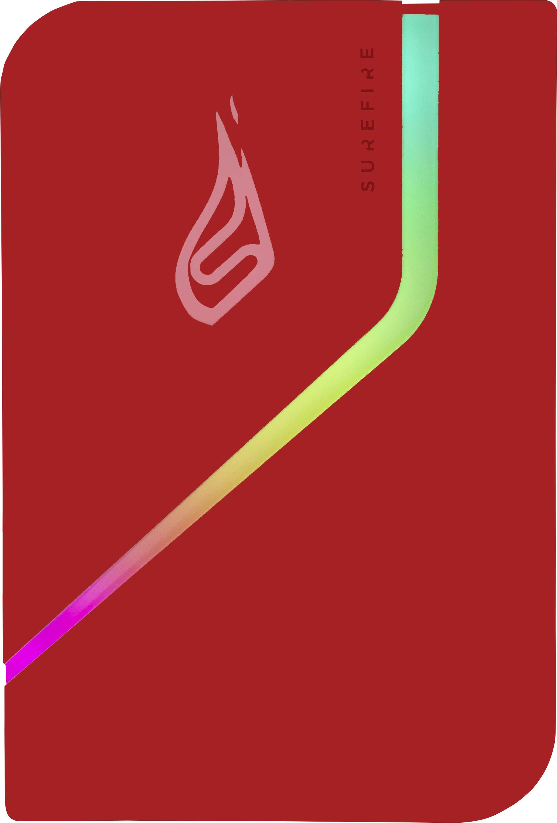 Étui rouge avec un symbole de flamme stylisé et une ombre arc-en-ciel traversant la surface.
