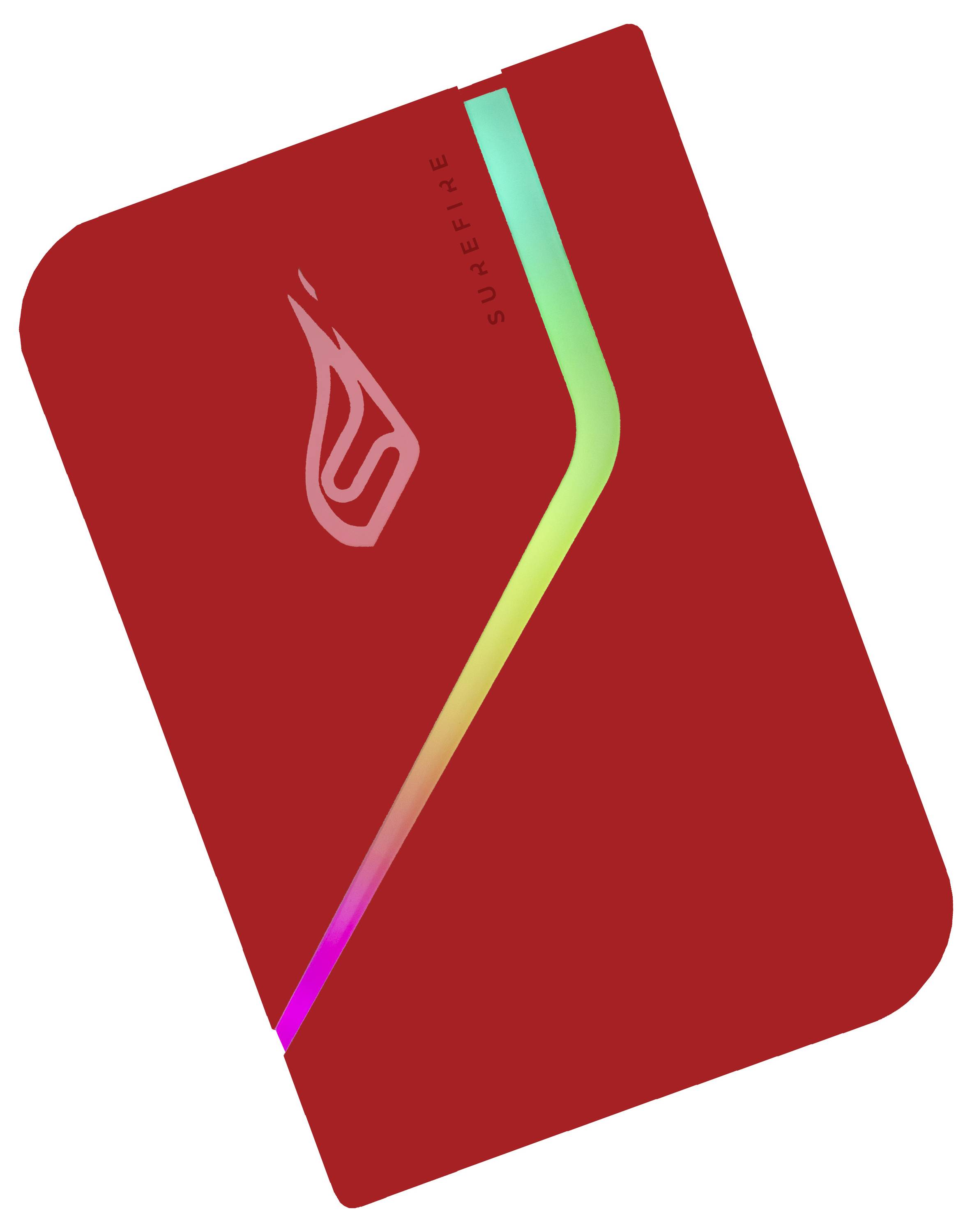 Disque dur externe rouge avec un symbole de flamme blanche et une bande inclinée aux couleurs de l'arc-en-ciel. Étiqueté 'Surefire'.