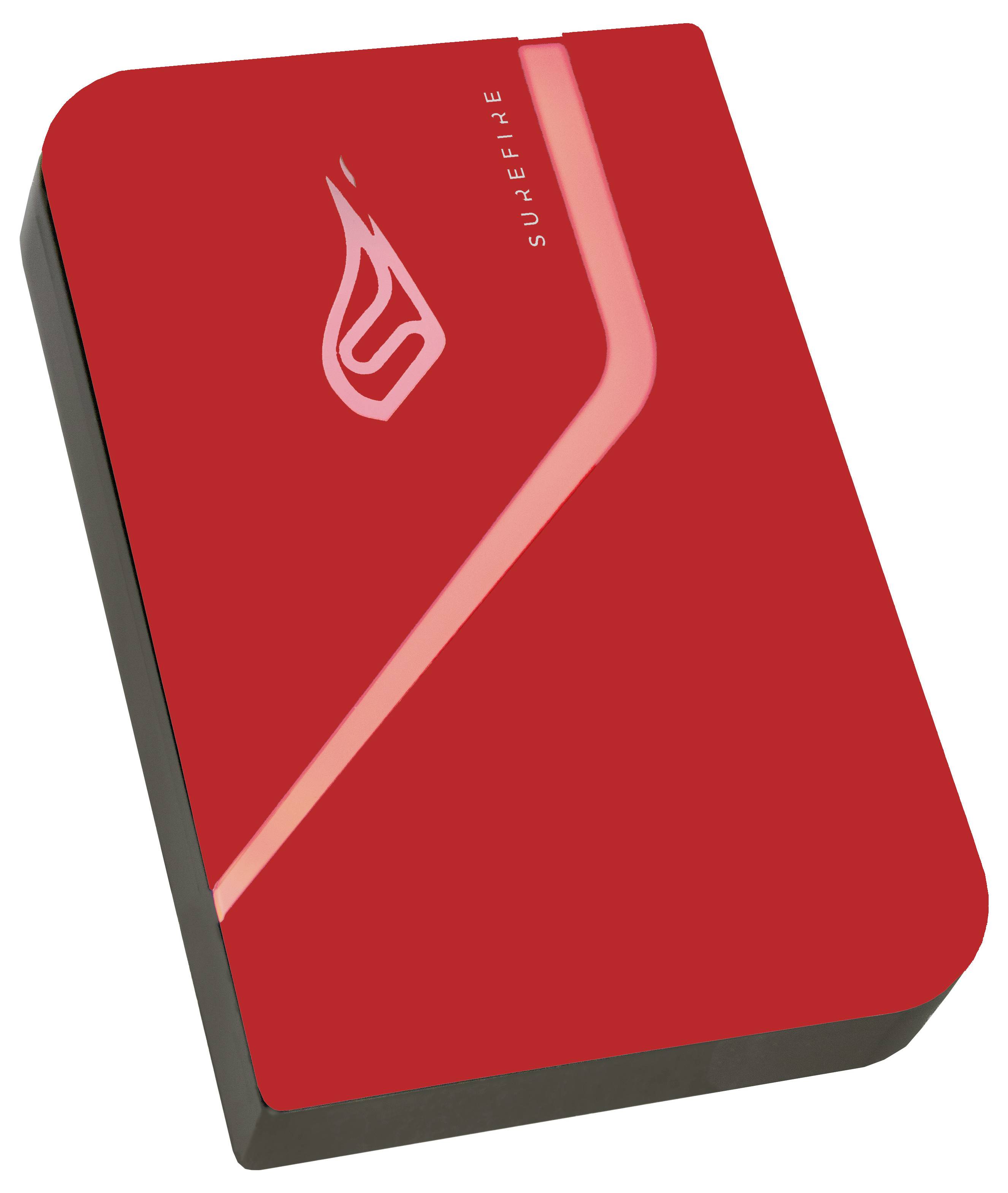 Disque dur externe rouge avec un logo de flamme distinctif et l'inscription 'SureFire' sur une surface lisse.