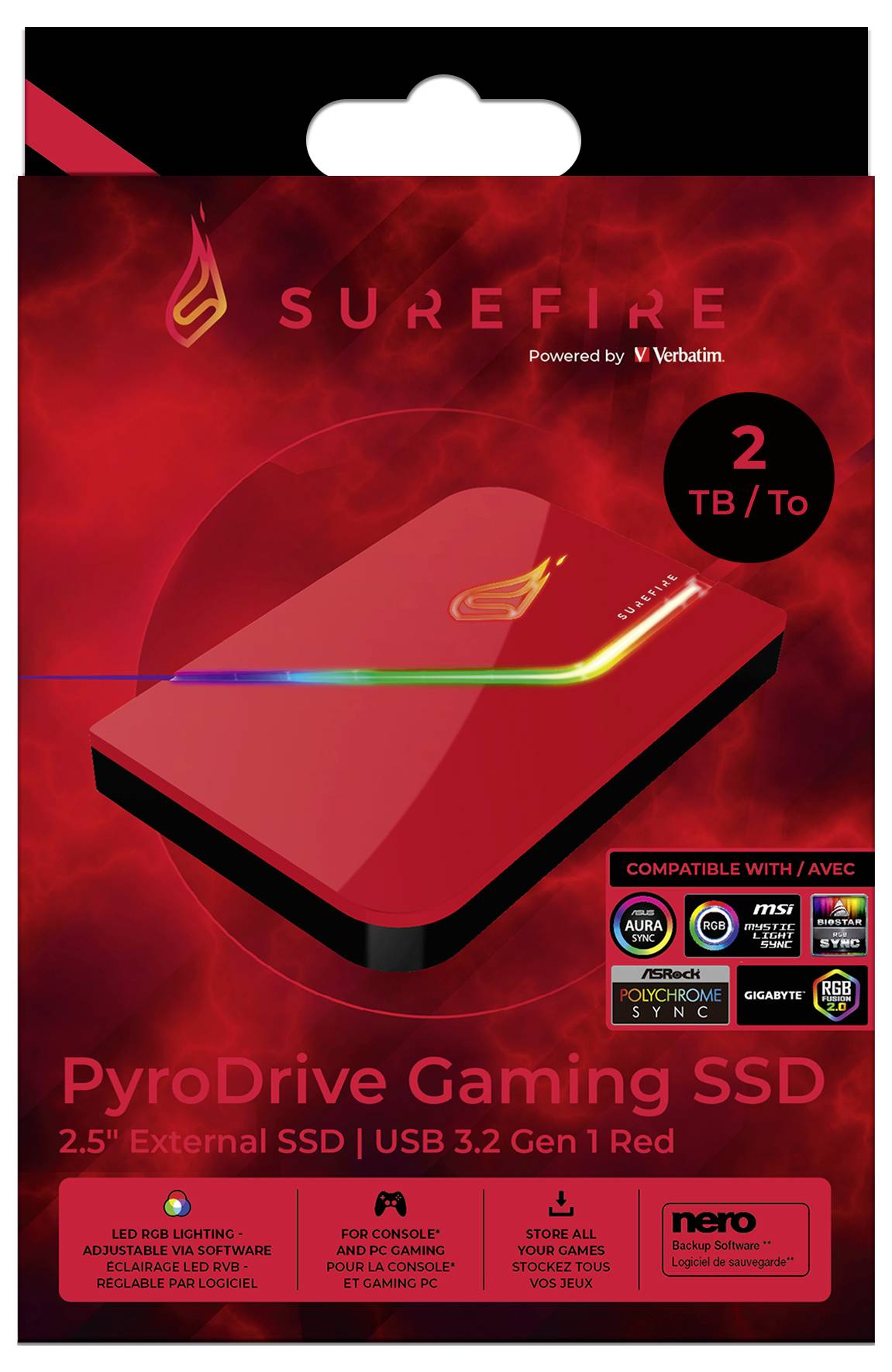 SSD externe 'PyroDrive Gaming' de SureFire avec 2 To de stockage, USB 3.2, en rouge. Compatible avec PC, PS4 et PS5. Emballage en rouge.