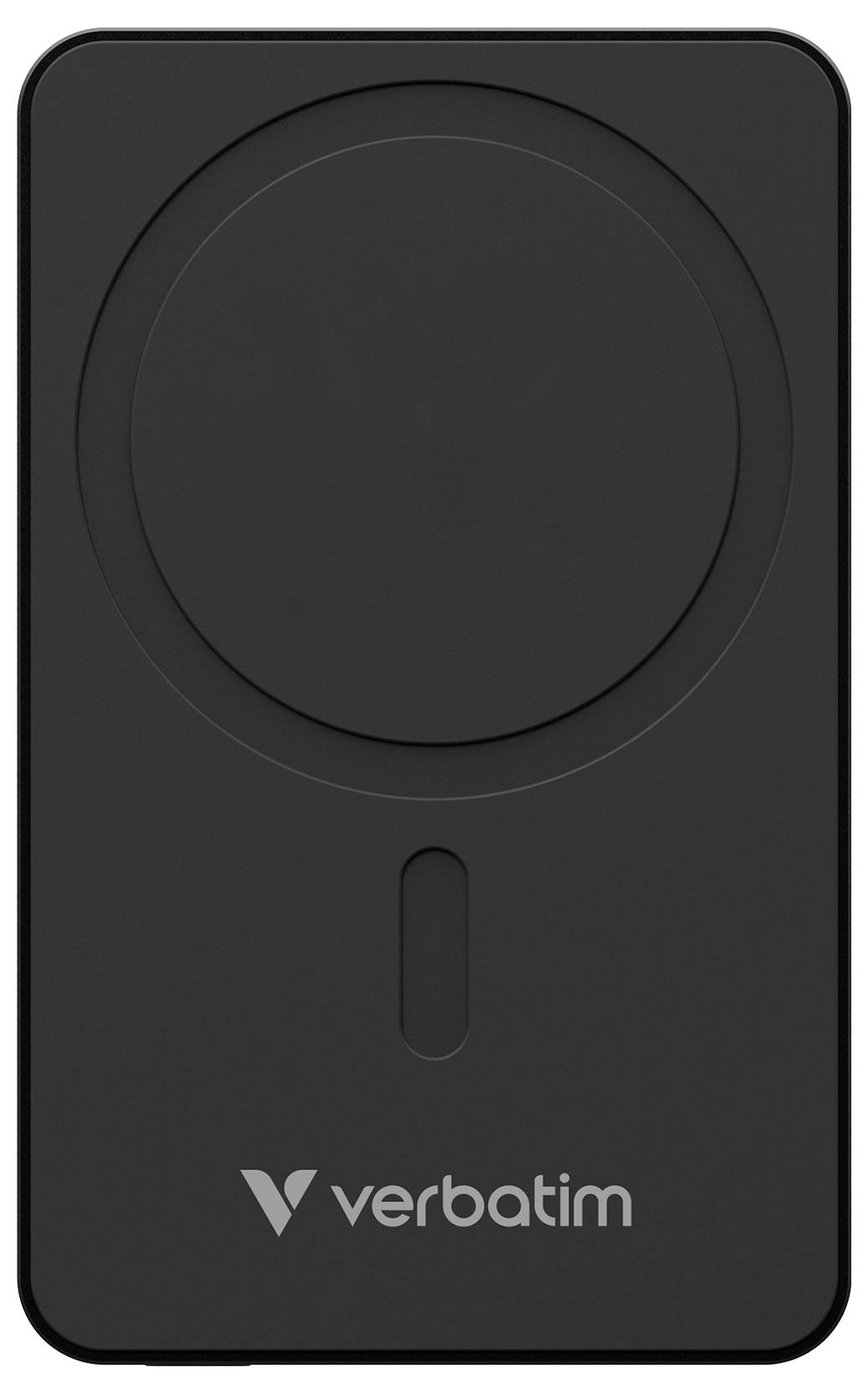 Appareil Verbatim noir et rectangulaire, doté d'un évidement circulaire et d'un logo sur la face avant, probablement un chargeur.